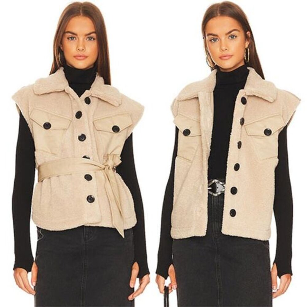 NWT Marissa Webb Frankie Sherpa Coated Canvas Belted Tan Vest Size: Medium